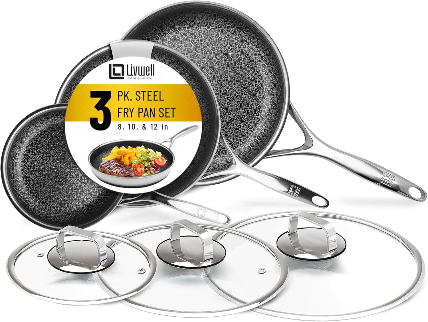 LIVWELL DiamondClad Nonstick Stainless Steel Fry Pan Set - Kitchen Gift Hybrid Cookware Set with Tempered Glass Lids - 8. 10 and 12 Inch - Dishwasher Safe. PFOA-free Cookware - Silver/Black